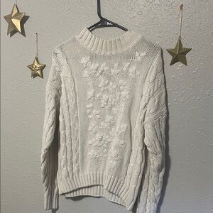 White Floral Cable Knit Sweater